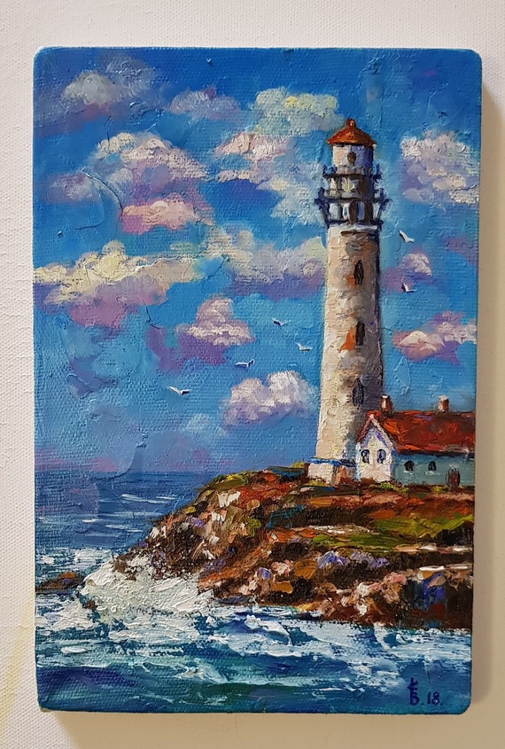 Mediterranean Lighthouse Texture Painting Lighthouse Wall Art Etsy