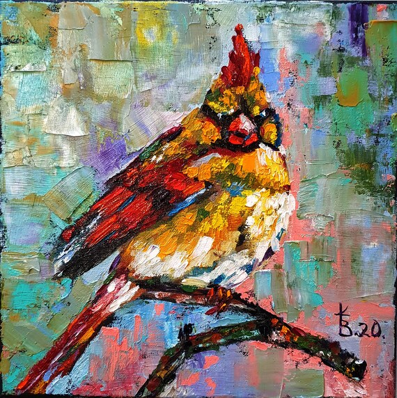 Female Cardinal Painting Original Northern Cardinal Bird Etsy