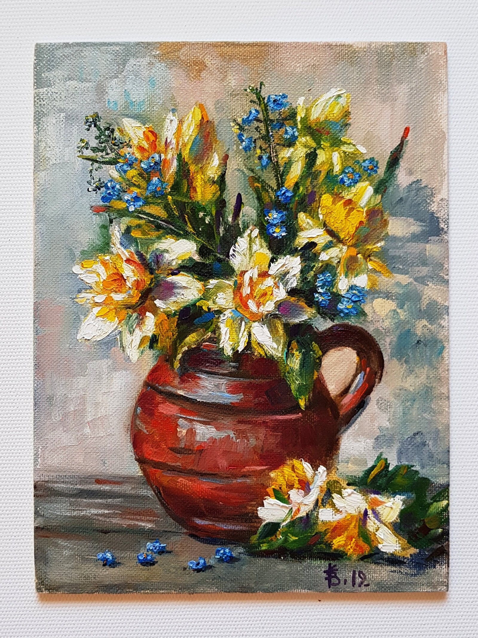 Daffodils Flowers Painting Blue Forget Me Not Wall Art Yellow Narcissus Small Painting Bouquet In Vase Painting Spring Floral Artwork Dexis Iberica Painting Art Collectibles
