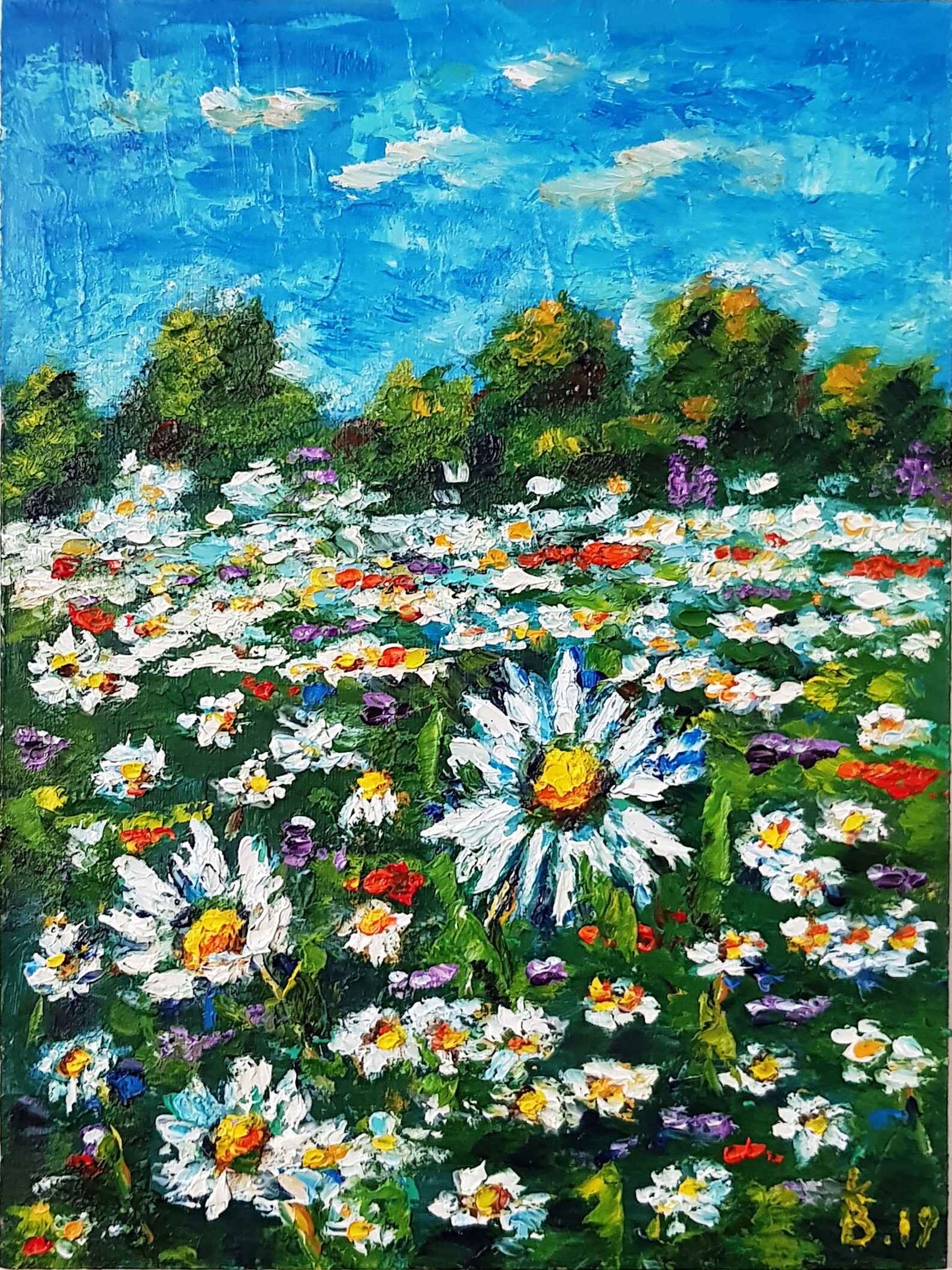 Daisy field painting Blossom flowers impasto art White Daisy Etsy