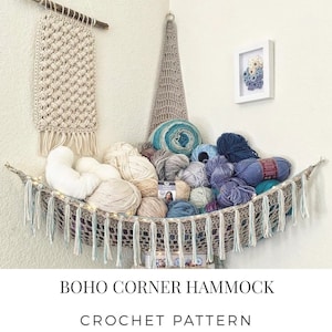 Boho Corner Hammock Digital PDF Crochet Pattern Yarn, Stuffed Animal, Toy, Plushie Storage, Corner Shelf image 1