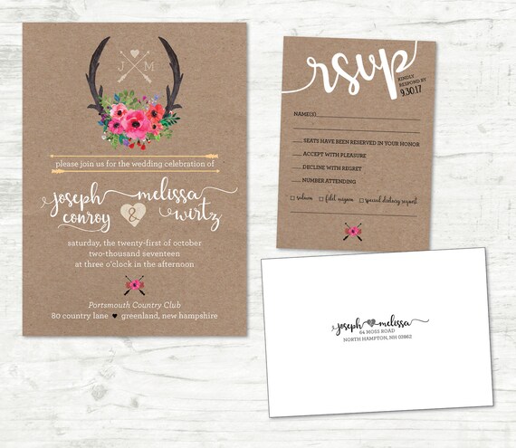 Rustic Bohemian Wedding Invitation Floral Antler Wedding Etsy