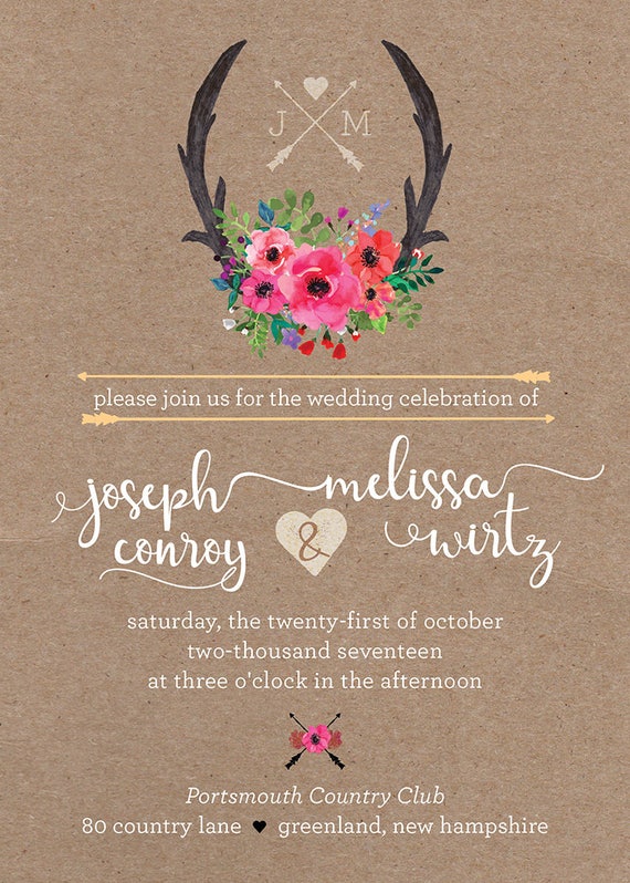 Rustic Bohemian Wedding Invitation Floral Antler Wedding Etsy