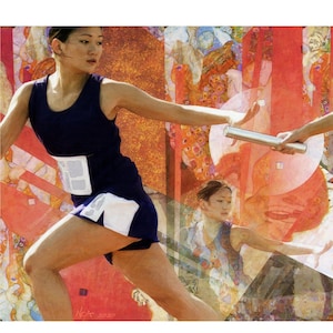 May include: Fine art print featuring a relay race scene. The artwork depicts athletes in motion, passing a baton. The athletes are wearing athletic uniforms. The background has abstract shapes and colors. The print is on Luster (Semi-Gloss) Fine Art Paper.