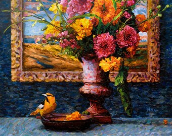 Golden Finch Monet, Bird & Artist still-life, original art work, impressionist painting, oil on canvas 28in x 23in