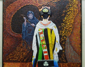 Future Past, oil painting on handcrafted paper mounted to canvas, 34" x 45", kimono, Japanese, unique art work, sculpted paper,