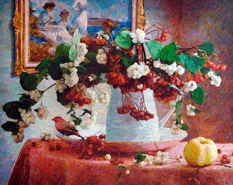 Fire Finch Benson, Bird & Artist still-life, original art, impressionist, oil on canvas, 30in x 23in