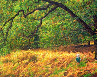 Hide and Seek, fall landscape painting, original art work, impressionism, oil on canvas, 35in x 23in