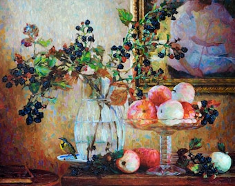 Warbler Benson, Bird & Artist still-life series, original art work, impressionist, oil on canvas, 30in x 23in