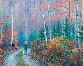 The Guitar Player, fall landscape painting, original art work, impressionism, oil on canvas, 43in x 23in