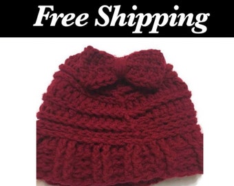 Red Messy Bun Hat, Beanie, Free shipping, Crochet Hat, Messy Bun, Handmade, Sister Gift, New Mom Gift, Womens Messy Bun Hat, Birthday Gift