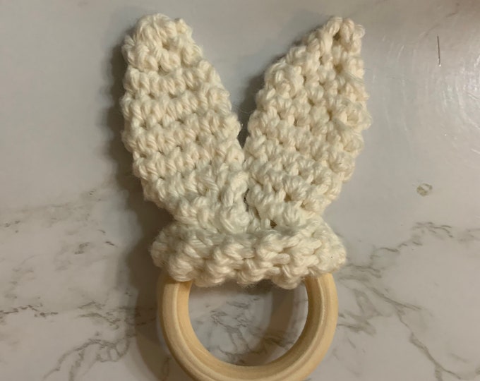 Crochet Baby Teether | Crochet Bunny Ears | Wooden Teether