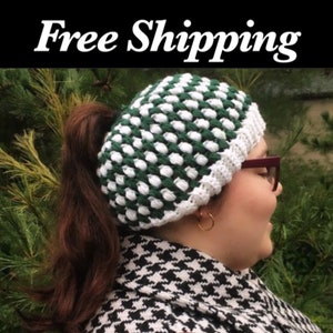 Green and White Crochet Hat, Free Shipping, Photo Prop, Halloween, Cosplay, Baby, Beanie, Crochet Hat, Crochet Hat Men, Messy Bun Hat image 1