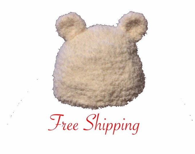 White Crochet Bear Hat, Beanie, Free Shipping, Crochet Hat, Bear, Baby Shower Gift, New Mom Gift, New Baby Gift, Womens Hat, Kids Hat, Baby