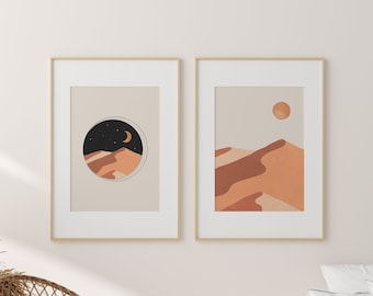 Desert Print Set, Sun and Moon Print, Living Room Decor, Mid Century Boho Art, Boho Wall Prints Set of 2, Earth Tone Art, Terracotta Prints