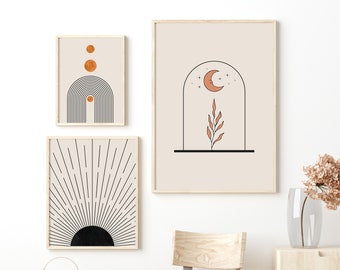 Sunburst Mid Century Line Art, Flower and Moon Print Set of 3, Black Sun Art, Bedroom Decor Above Bed, Living Room Decor, Boho Room Prints