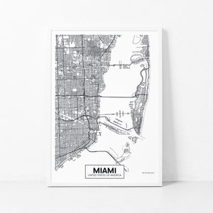 Miami kaart print, kaart van Miami, Miami kaart poster, Florida kaart print, Florida kunst aan de muur, stratenplan afdrukken, kunst aan de muur print, printbare kaart afdrukken