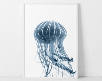 Jellfyfish Druck, blaue Quallen Wandkunst, Quallen Fotografie, Sealife Poster, minimalistische blaue Quallen Fotografie, skandinavischen Druck