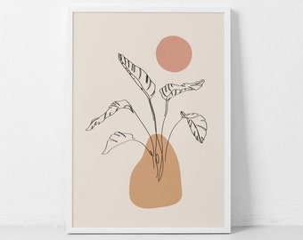Mid Century Monstera Sun Print, Botenical Line Art, Abstract Sun Poster, Boho Flower Art, Sun and Flower Print, Abstract Leaves Neutral Art