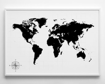 World Map, World Map Wall Art Print, Black and White Map Print, Compass and World Map Poster, Map Poster Printable Decor, Scandinavian Print