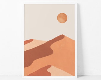 Könnte beinhalten: Eine digitale Illustration einer Wüstenlandschaft mit einer großen orangen Sonne am Himmel. Die Sanddünen sind in einem Mix aus Orange, Braun und Pfirsichfarben gehalten.