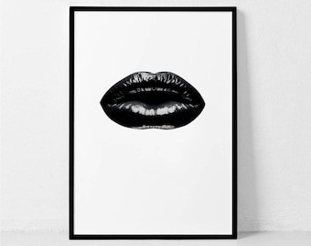 Black Lip Print, Black and White Lips print,Lips printable, Lips Art, Lips Fashion Print, Lips Poster, Lips Print, Lips Decor, Lips wall Art