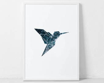 Geometric Hummingbird Print, Blue Hummingbird Art, Printable Nursery Art, Hummingbird Wall Art, Blue Geometric Prints, Printable Kid Artwork