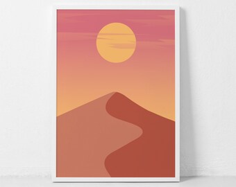 Stampa desertica astratta, arte neutra della parete solare, stampa a colori caldi, poster minimalista moderno della metà del secolo, arte del paesaggio del deserto, arte murale boho