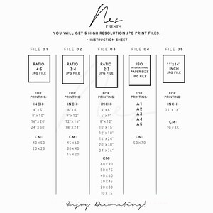 May include: A printable instruction sheet for five different sized digital JPG files. The sheet includes the ratio of each file, the size in inches and centimetres, and the file type. The text reads "You will get 5 high resolution JPG print files. * Instruction Sheet".