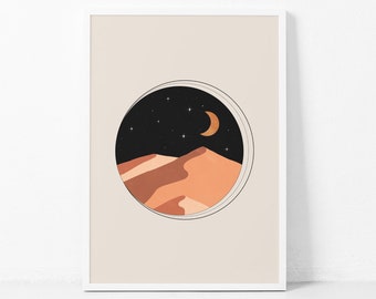 Abstract Night Desert Wall Art, Moon Abstract Print, Neutral Wall Art, Boho Home Decor, Boho Living Room Decor, Mid Century Art Prints