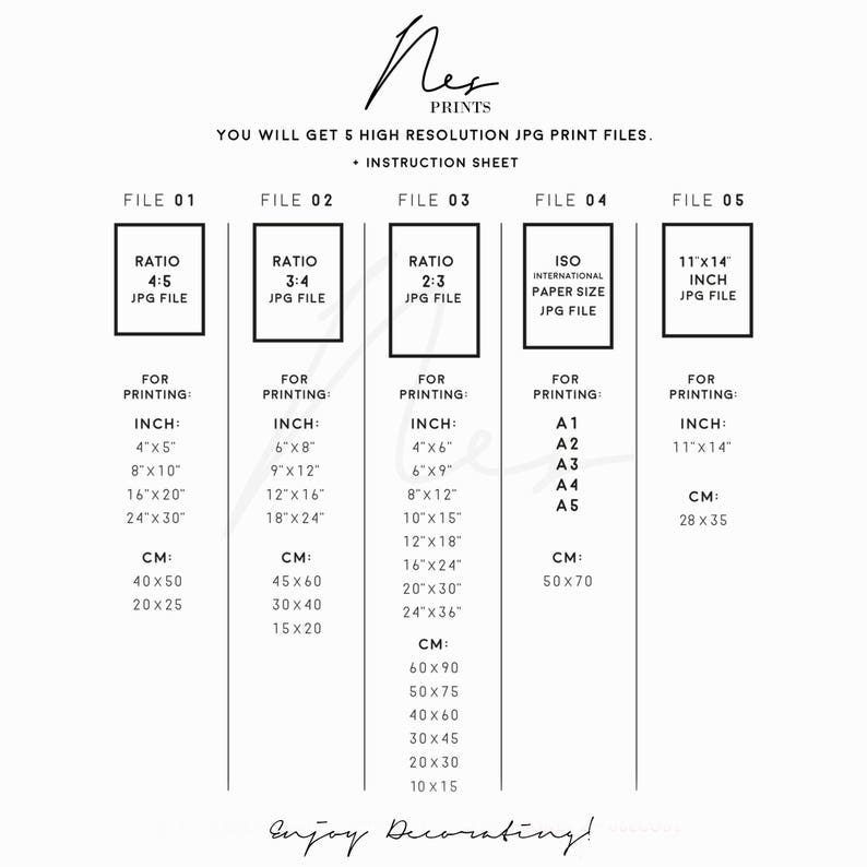 May include: A printable instruction sheet for five different sized JPG files. The sheet includes the ratio of each file, the size in inches and centimeters, and the file type. The text "N Prints" is at the top of the sheet.
