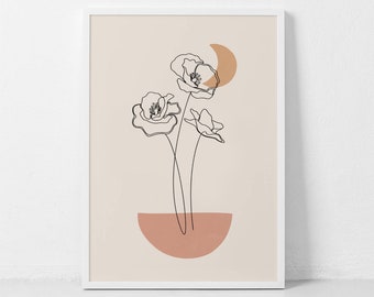 Mid Century Moon Print, Botenical Line Art, Abstract Moon Poster, Clove Line Art, Moon and Flower Print, Abstract Leaves Line Art Neutral