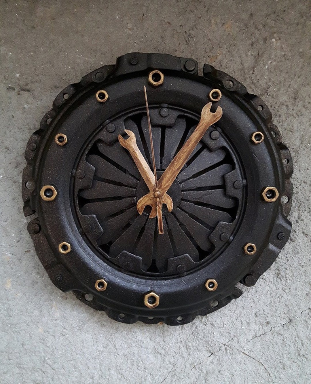 Upcycled Car Clutch Wall Clock. Large Urban Clock. Wrenches