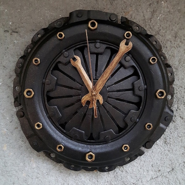 Upcycled Car Clutch Wall Clock. Large Urban Clock. Handforged Wrenches Clock.