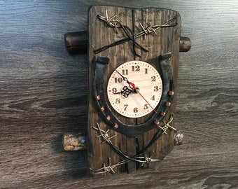 Handmade wall clock from old wood and horseshoe ornaments, Wooden wall clock for gift, Wall clock vintage, large wall clock, Art Home decor