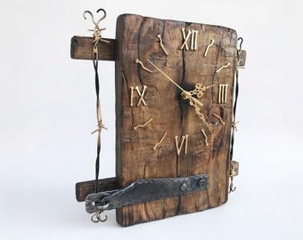 Rustic Wall Clock from Old Wood, Farmhouse Wood Clock, Vintage Wooden Wall Decor, Handmade Unique Gift, Large Wall Clock