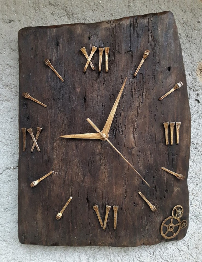 Large shops Handcarved Wood Wall Clock/ Brass Vintage Wall Decor