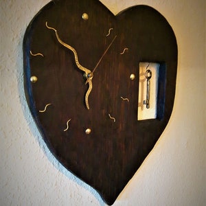 Wall clock heart with key. Handmade Vintage Wood Wall Clock.
