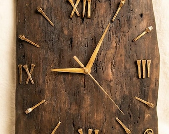 Large Handcarved Wood Wall Clock, Rustic Farmhouse Clock, Brass Roman Numerals, Handmade Wooden Wall Decor, Vintage Gift