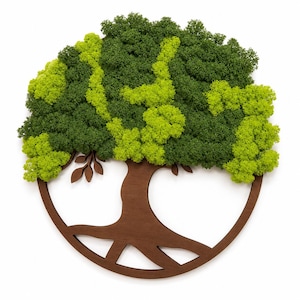 May include: A circular wall art piece featuring a dark brown wooden tree silhouette framed within a circle. The canopy is filled with preserved moss in vibrant lime green and deep forest green shades, creating a textured, dense foliage effect.