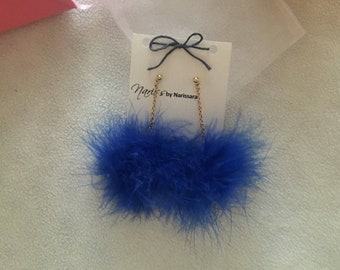 Blue Feather Fluffy Pom Pom Earrings