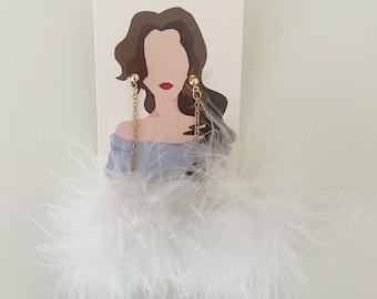 White Feather  BOA Pom Pom Earrings, Nickel Free
