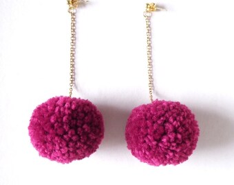 Deep Pink Pom Pom Earrings