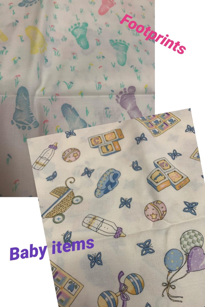 May include: White fabric with colorful baby footprints and baby items. The fabric features prints of baby bottles, blocks, rattles, and balloons. The text "Footprints" and "Baby items" are visible.