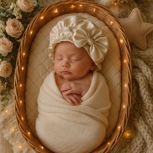 May include: A newborn baby swaddled in a cream-colored blanket, wearing a matching bonnet with a large bow, rests peacefully in a woven basket. The basket is surrounded by soft lighting and floral accents, creating a serene and comforting scene.