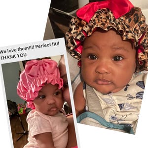 May include: Two images of babies wearing satin bonnets. One bonnet is pink with a bow, and the other is leopard print with a red bow. The babies are wearing onesies. The text "We love them!!!! Perfect fit!! THANK YOU" is visible.