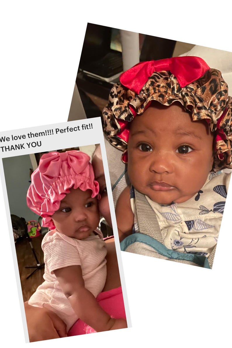 May include: Two images of babies wearing satin bonnets. One bonnet is pink with a bow, and the other is leopard print with a red bow. The babies are wearing onesies. The text "We love them!!!! Perfect fit!! THANK YOU" is visible.