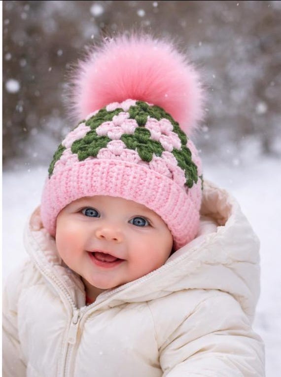 Pink and Green (AKA) Beanie With Pom-poms “shipped  display picture 2