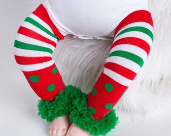 Baby Christmas strips and polkadots leg warmers Ruffled - great warming Gift / Photo prop