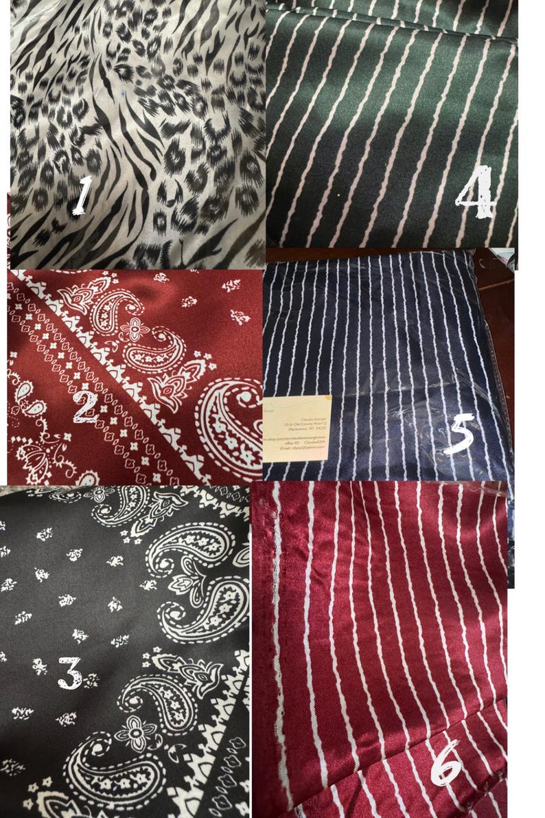 May include: A collage of six fabric swatches with various patterns. These include animal print, paisley, and striped designs in colors like black, white, red, and navy. The fabrics appear to be silk or satin.
